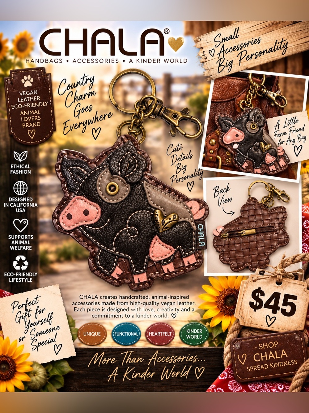 Chala Black, Pink & Brown Pig Keychain Charm